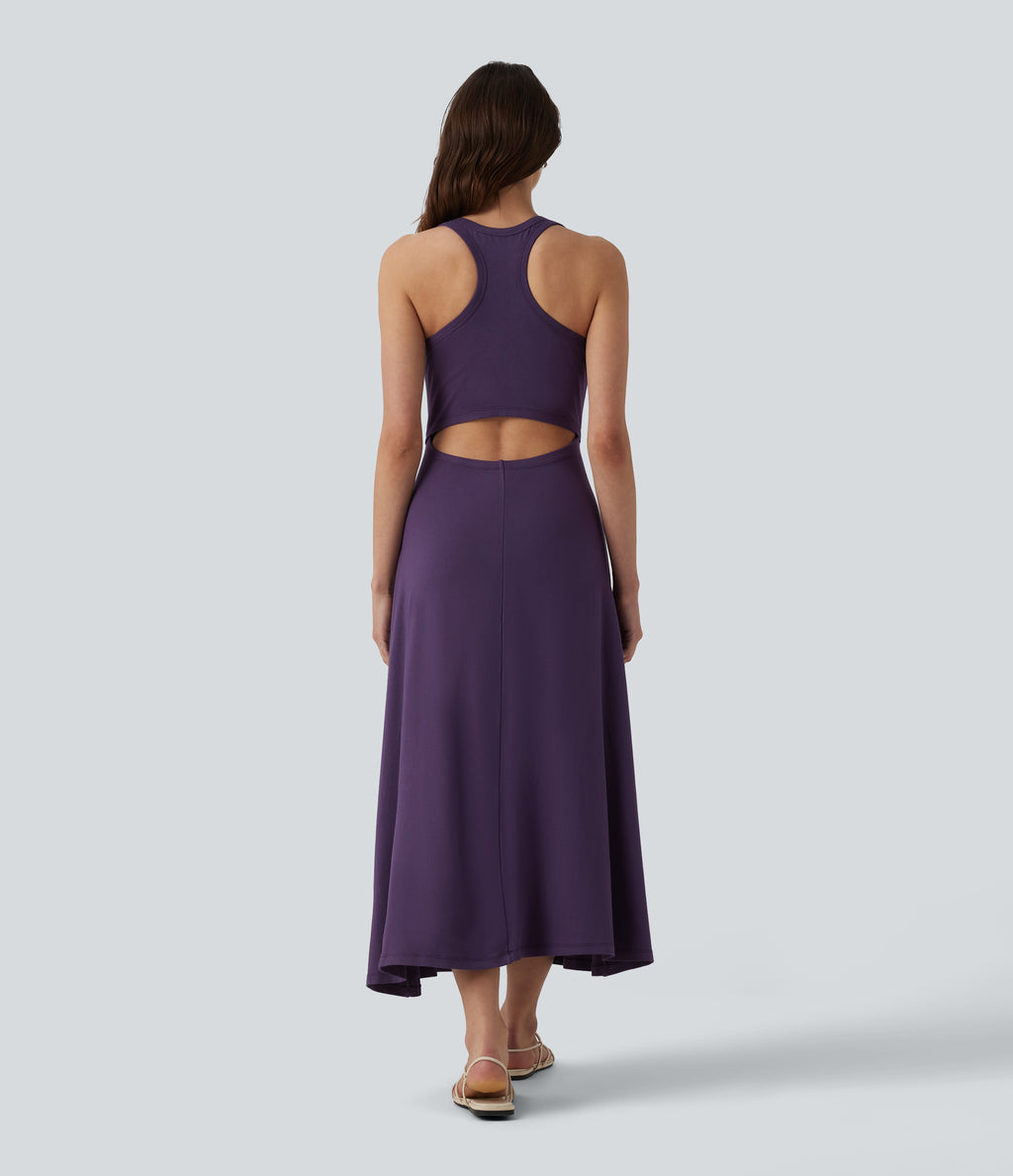 Racerback Sleeveless Ruched Built-in Bra Midi Casual Dress — Purple Pennant — view 2