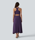 Racerback Sleeveless Ruched Built-in Bra Midi Casual Dress — Purple Pennant — view 2
