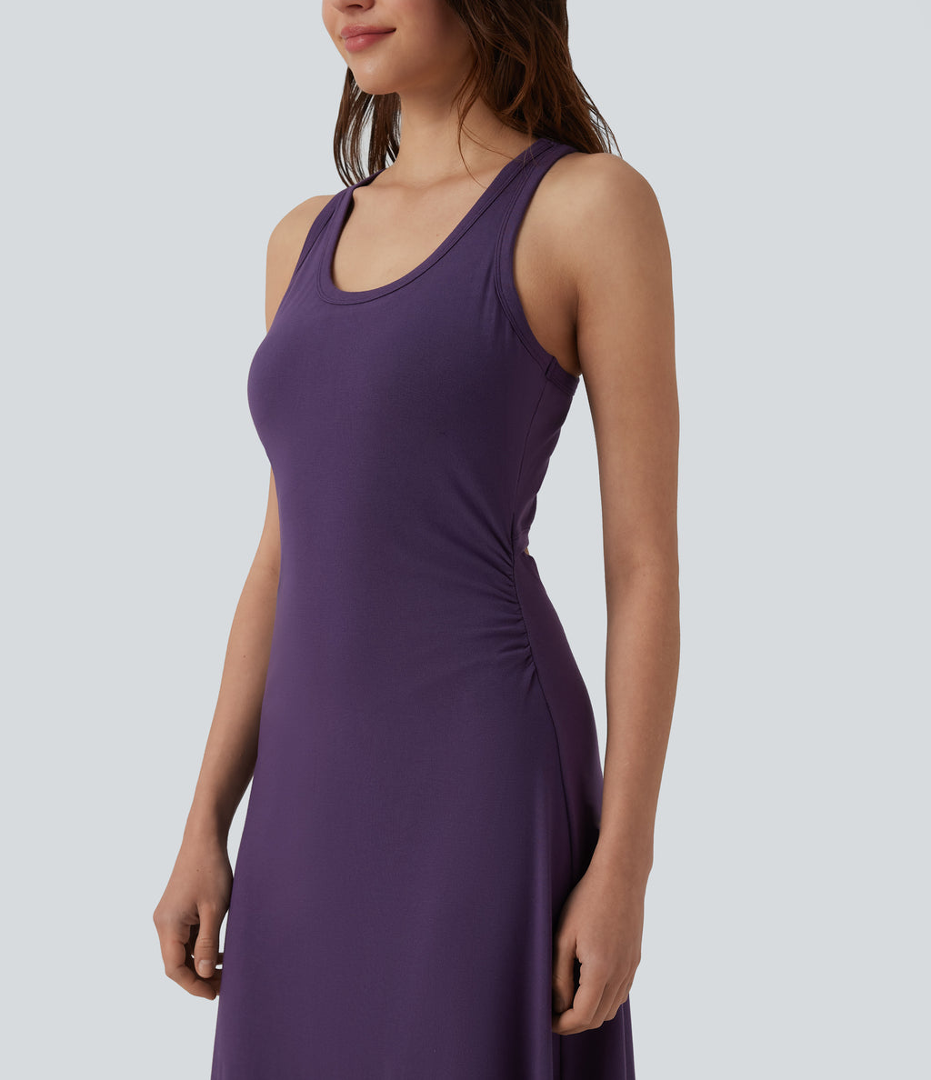 Racerback Sleeveless Ruched Built-in Bra Midi Casual Dress — Purple Pennant — view 5
