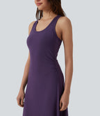 Racerback Sleeveless Ruched Built-in Bra Midi Casual Dress — Purple Pennant — view 5