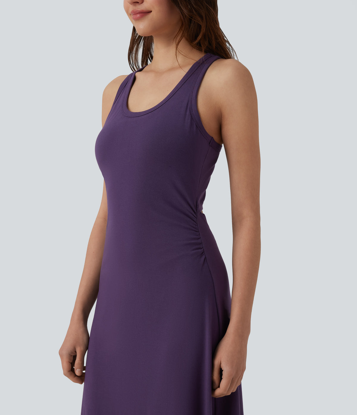 Racerback Sleeveless Ruched Built-in Bra Midi Casual Dress — Purple Pennant — view 5