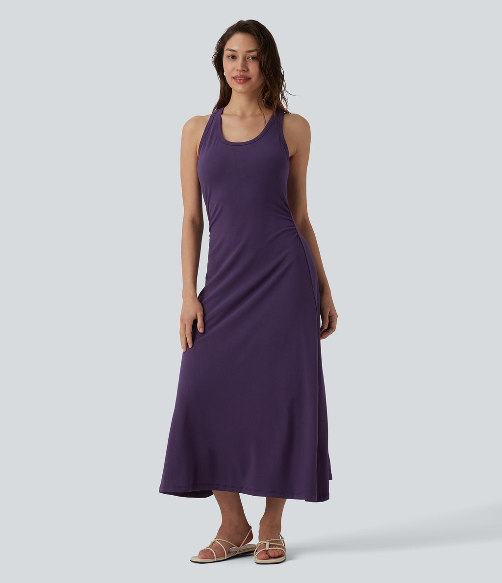 Racerback Sleeveless Ruched Built-in Bra Midi Casual Dress — Purple Pennant — view 4