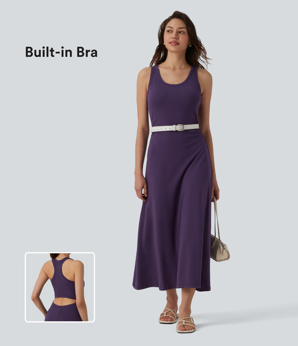 Racerback Sleeveless Ruched Built-in Bra Midi Casual Dress — Purple Pennant — view 1