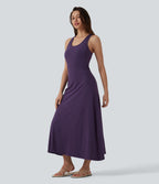 Racerback Sleeveless Ruched Built-in Bra Midi Casual Dress — Purple Pennant — view 3