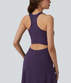 Racerback Sleeveless Ruched Built-in Bra Midi Casual Dress — Purple Pennant — view 6