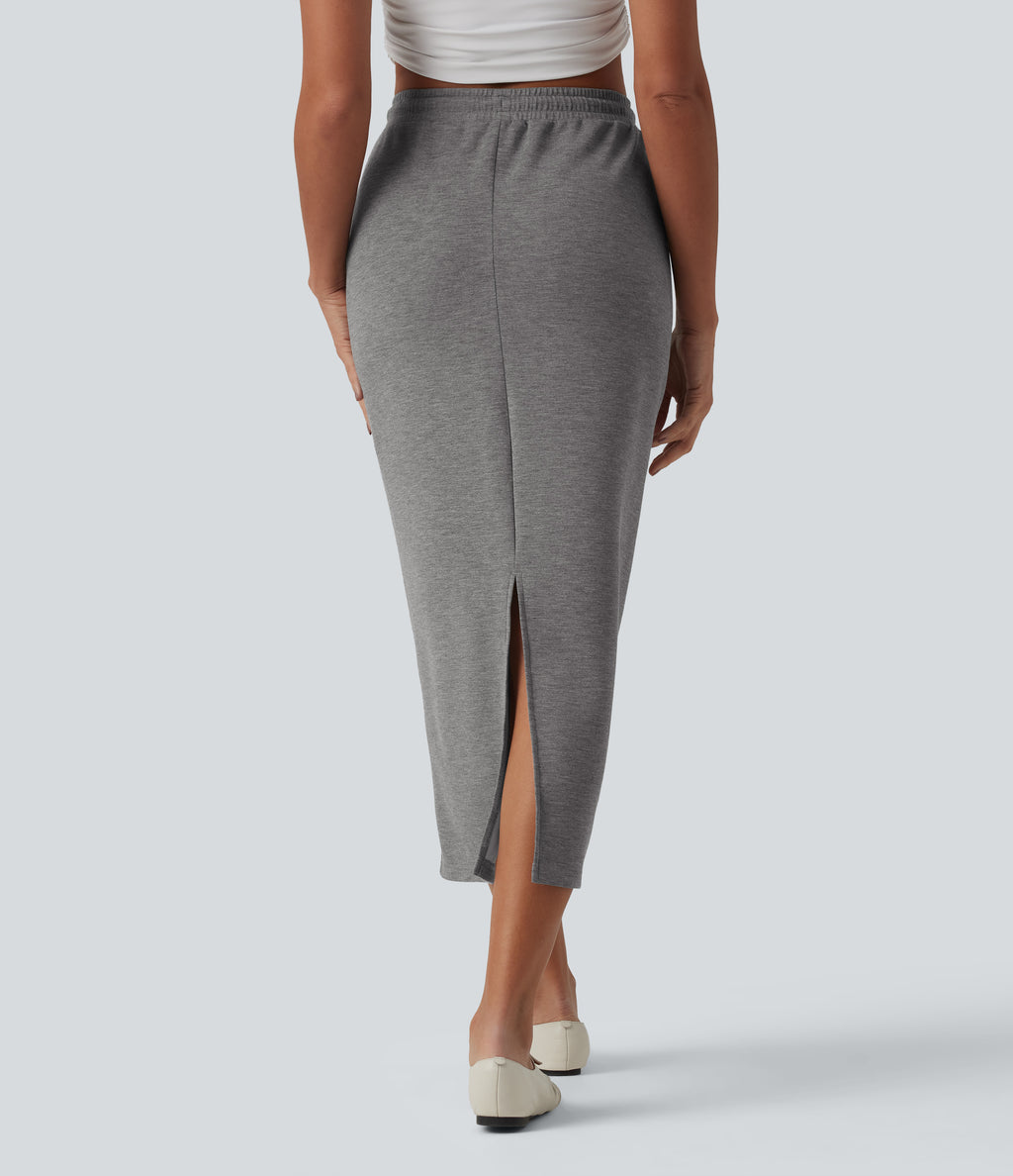 High Waisted Drawstring Midi Casual Pencil Skirt with Pockets — Darl Gray Floral Yarn — view 2