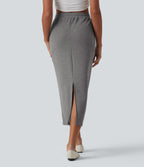 High Waisted Drawstring Midi Casual Pencil Skirt with Pockets — Darl Gray Floral Yarn — view 2