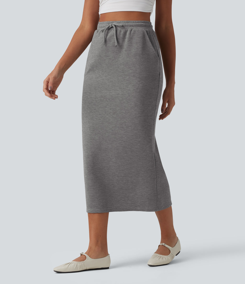 High Waisted Drawstring Midi Casual Pencil Skirt with Pockets — Darl Gray Floral Yarn — view 3