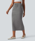 High Waisted Drawstring Midi Casual Pencil Skirt with Pockets — Darl Gray Floral Yarn — view 3