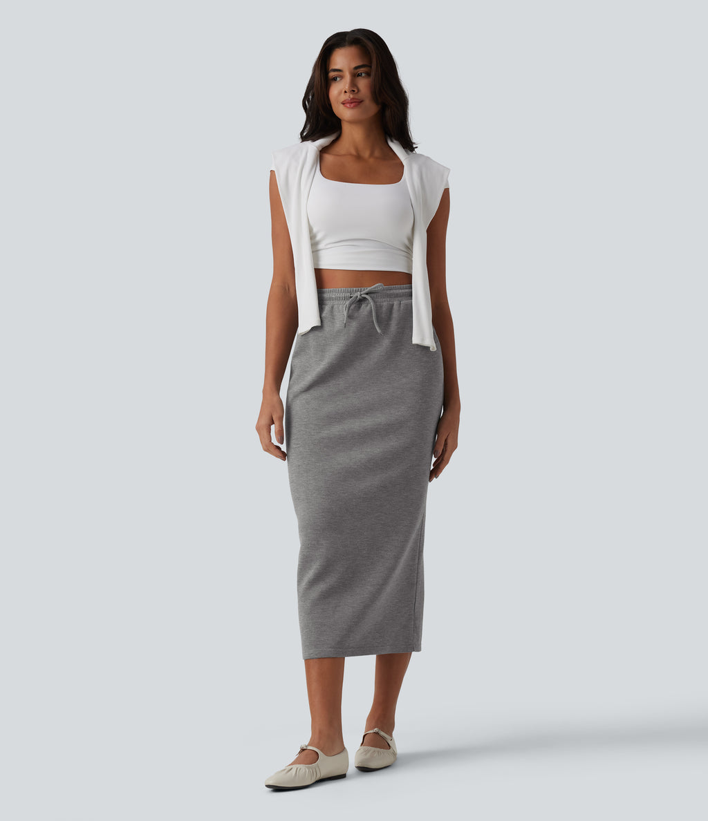 High Waisted Drawstring Midi Casual Pencil Skirt with Pockets — Darl Gray Floral Yarn — view 6