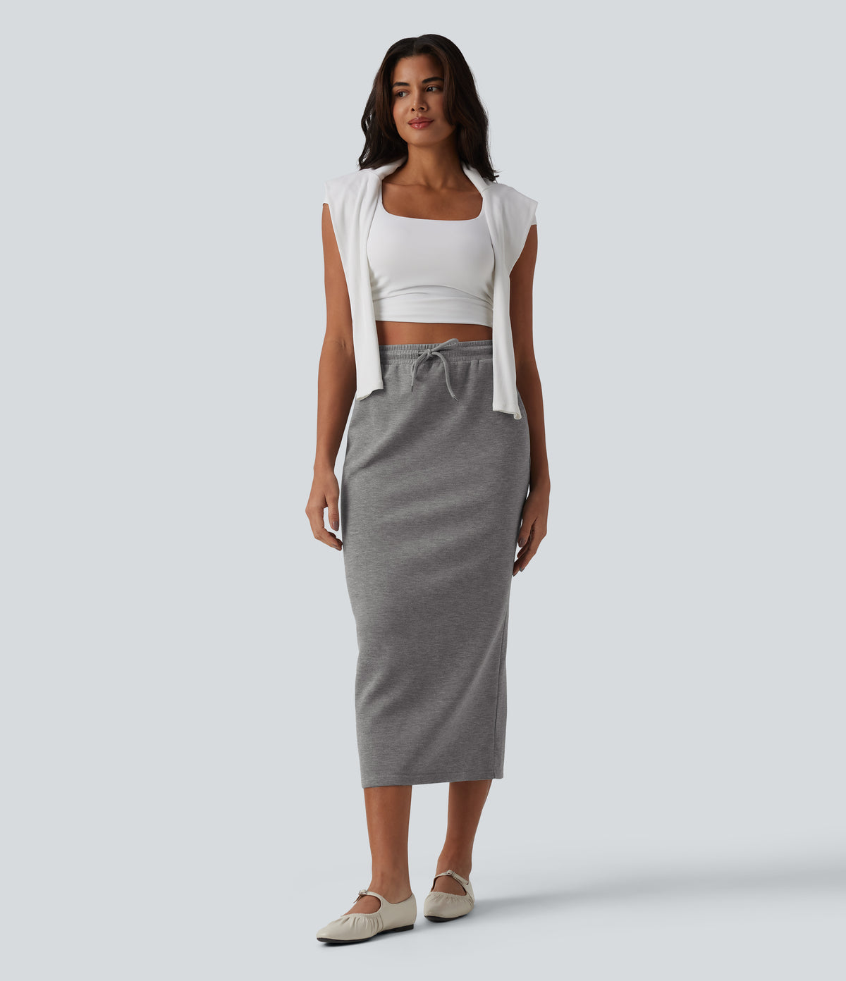 High Waisted Drawstring Midi Casual Pencil Skirt with Pockets — Darl Gray Floral Yarn — view 6