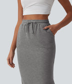 High Waisted Drawstring Midi Casual Pencil Skirt with Pockets — Darl Gray Floral Yarn — view 4