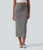 High Waisted Drawstring Midi Casual Pencil Skirt with Pockets — Darl Gray Floral Yarn — view 1