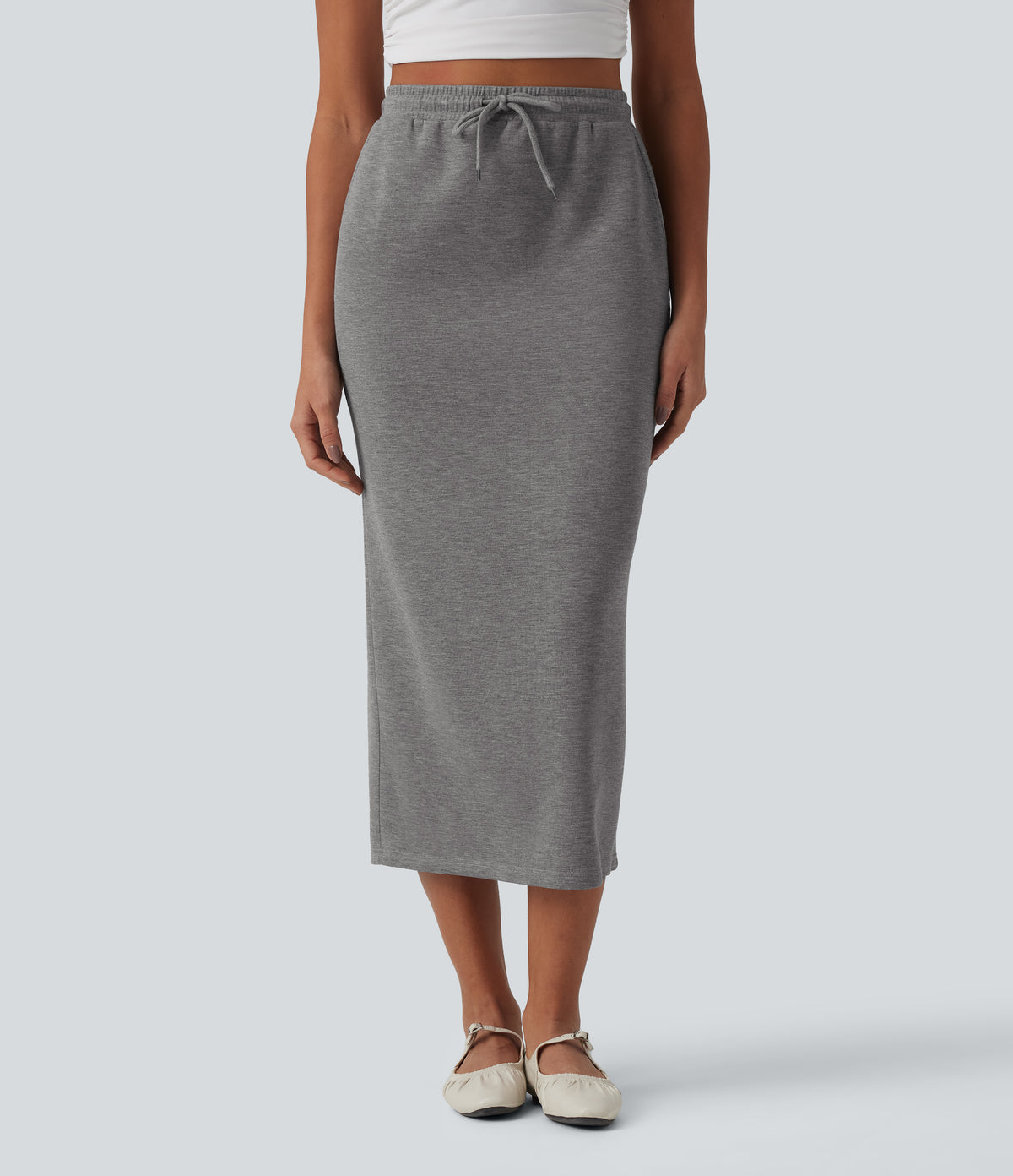 High Waisted Drawstring Midi Casual Pencil Skirt with Pockets — Darl Gray Floral Yarn — view 1