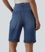 High Waisted Rolled Hem Casual Denim Shorts with Pockets — Estate Blue Denim — view 2