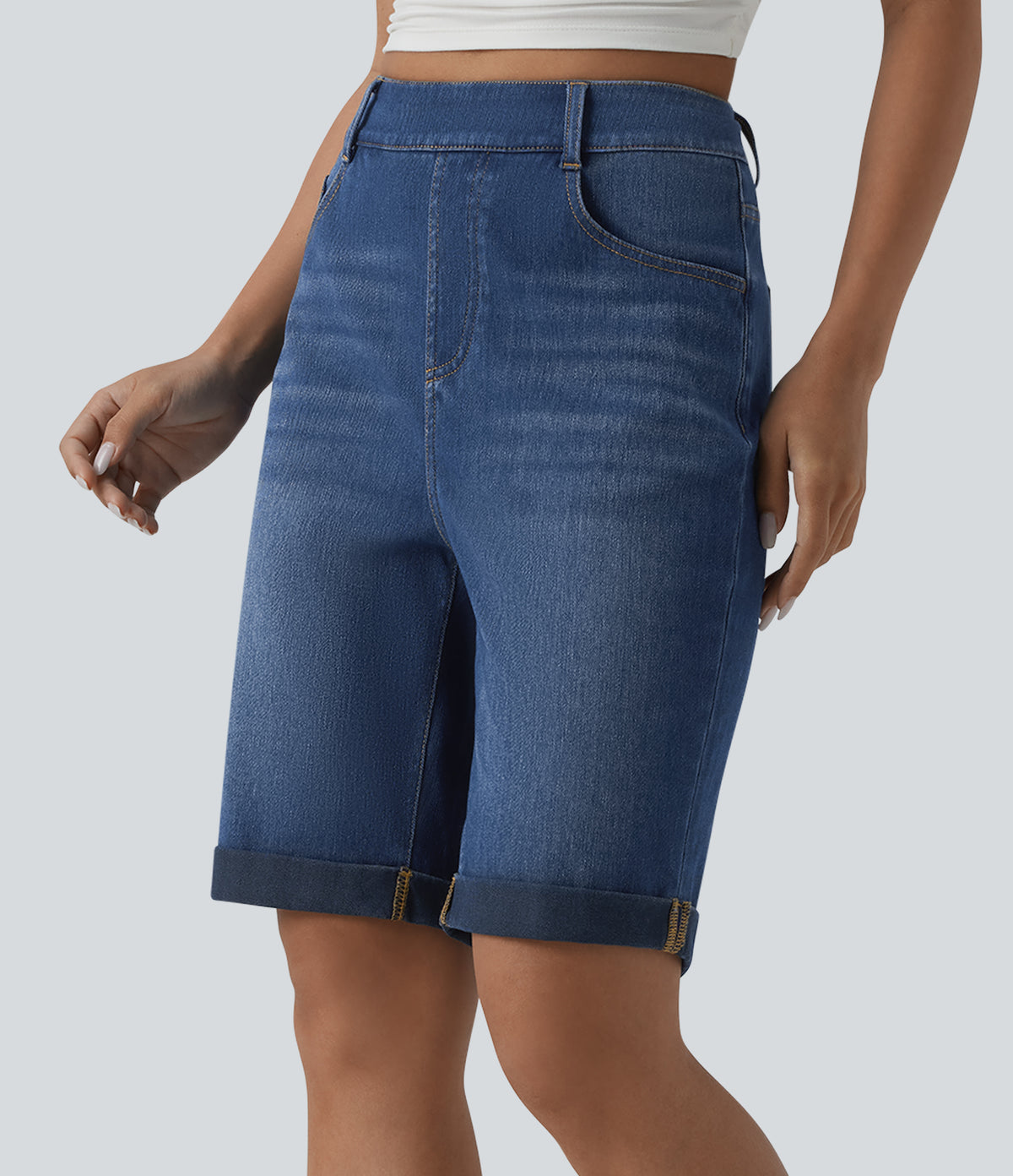 High Waisted Rolled Hem Casual Denim Shorts with Pockets — Estate Blue Denim — view 3