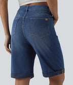 High Waisted Rolled Hem Casual Denim Shorts with Pockets — Estate Blue Denim — view 5