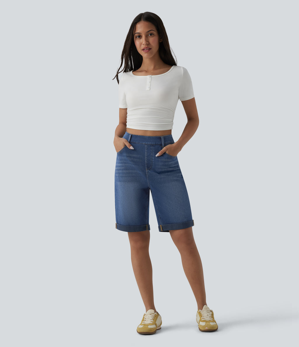 High Waisted Rolled Hem Casual Denim Shorts with Pockets — Estate Blue Denim — view 6