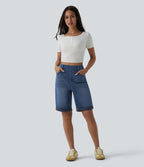 High Waisted Rolled Hem Casual Denim Shorts with Pockets — Estate Blue Denim — view 6
