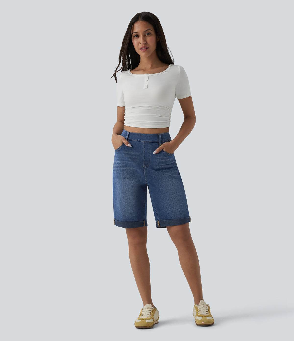 High Waisted Rolled Hem Casual Denim Shorts with Pockets — Estate Blue Denim — view 6