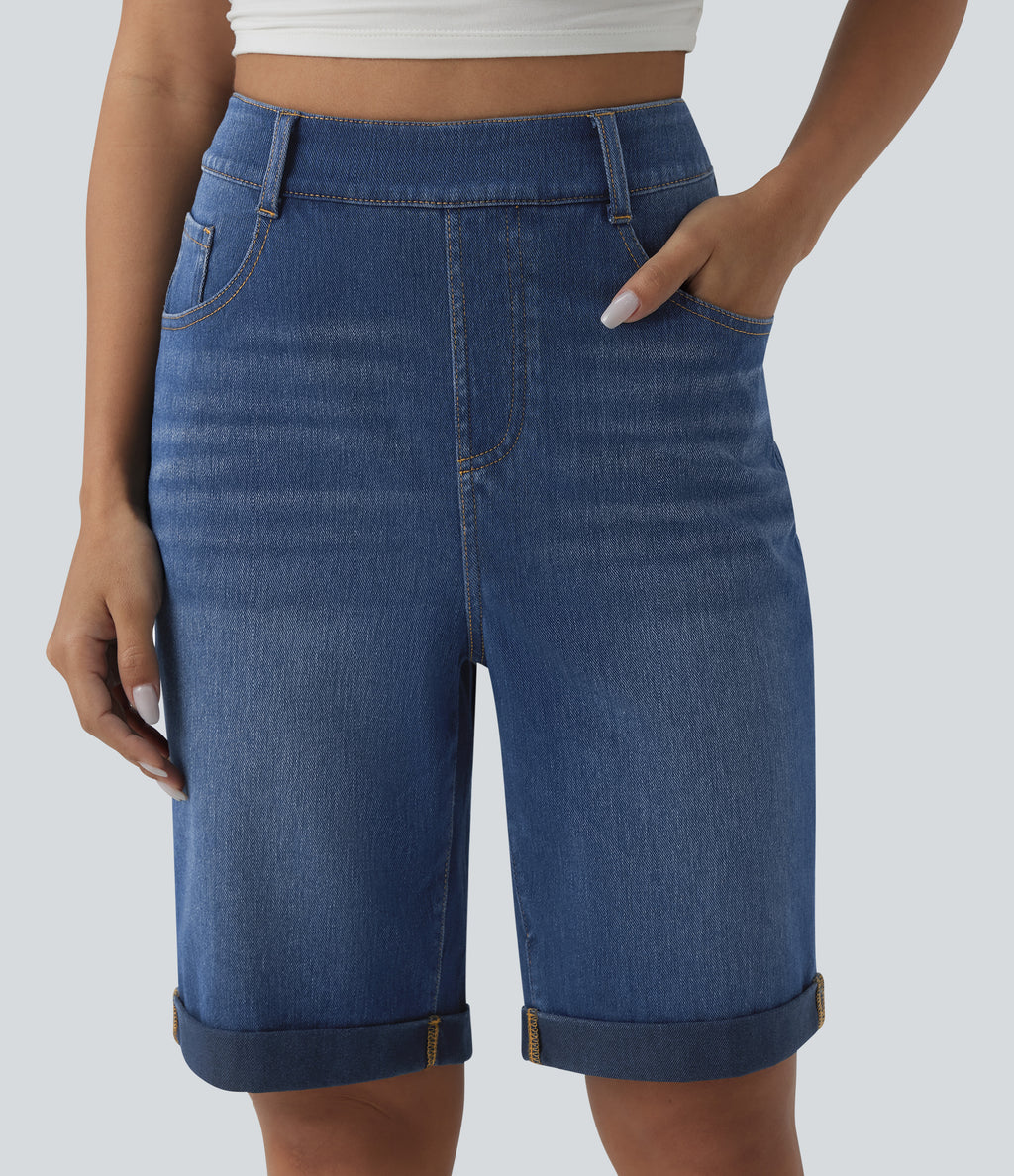 High Waisted Rolled Hem Casual Denim Shorts with Pockets — Estate Blue Denim — view 4
