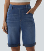 High Waisted Rolled Hem Casual Denim Shorts with Pockets — Estate Blue Denim — view 4
