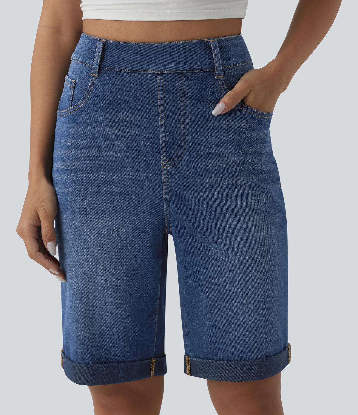 High Waisted Rolled Hem Casual Denim Shorts with Pockets — Estate Blue Denim — view 4
