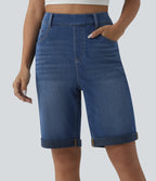 High Waisted Rolled Hem Casual Denim Shorts with Pockets — Estate Blue Denim — view 1