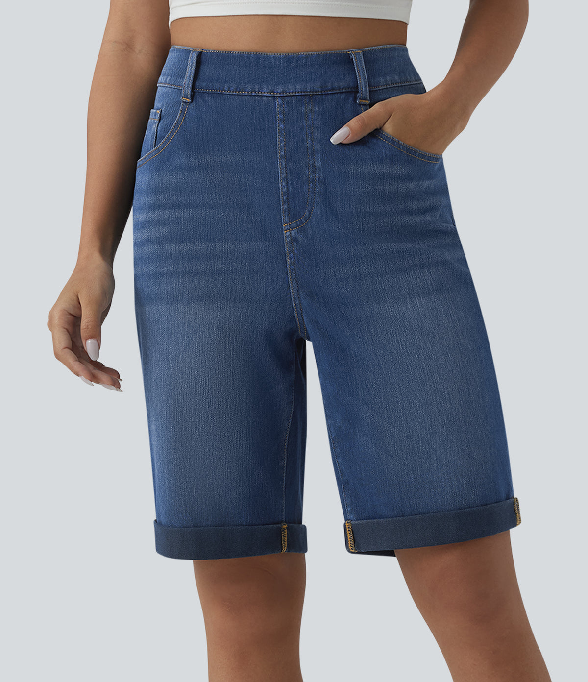 High Waisted Rolled Hem Casual Denim Shorts with Pockets — Estate Blue Denim — view 1