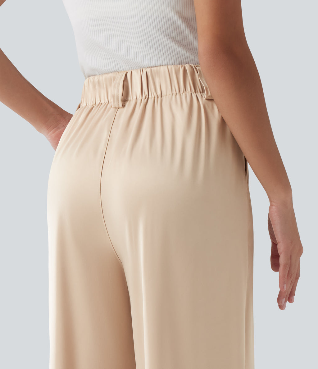 High Waisted Wide Leg Satin Work Trousers with Pockets — Angora — view 5