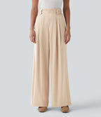 High Waisted Wide Leg Satin Work Trousers with Pockets — Angora — view 1