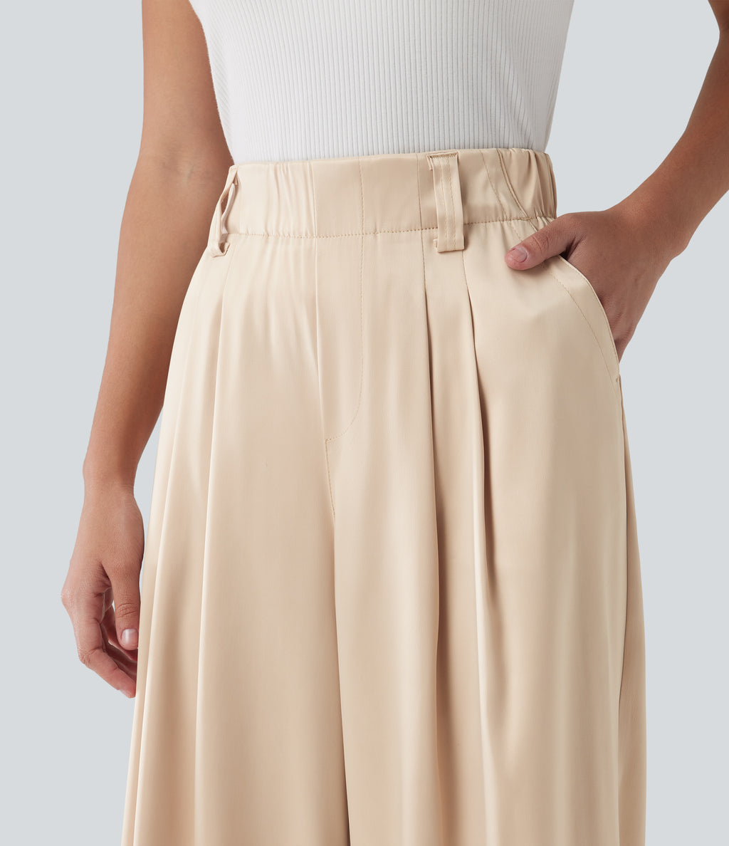 High Waisted Wide Leg Satin Work Trousers with Pockets — Angora — view 4