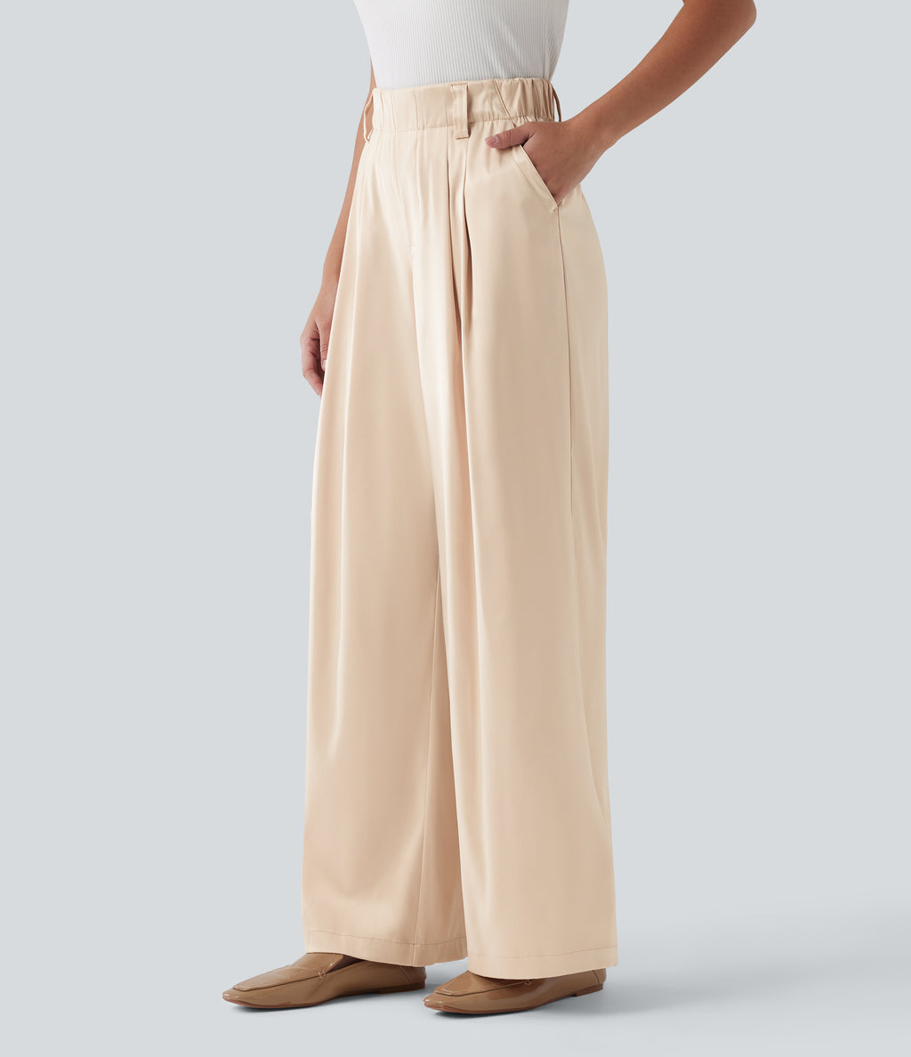 High Waisted Wide Leg Satin Work Trousers with Pockets — Angora — view 3