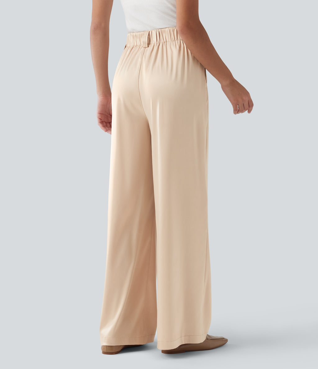 High Waisted Wide Leg Satin Work Trousers with Pockets — Angora — view 2