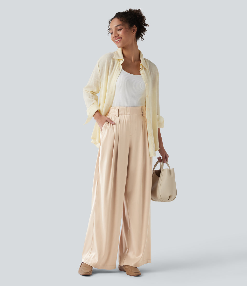 High Waisted Wide Leg Satin Work Trousers with Pockets — Angora — view 6