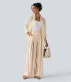 High Waisted Wide Leg Satin Work Trousers with Pockets — Angora — view 6