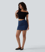 Mid Rise Tummy Control Ruched Bodycon Denim Mini Casual Skirt — Estate Blue Denim — view 6