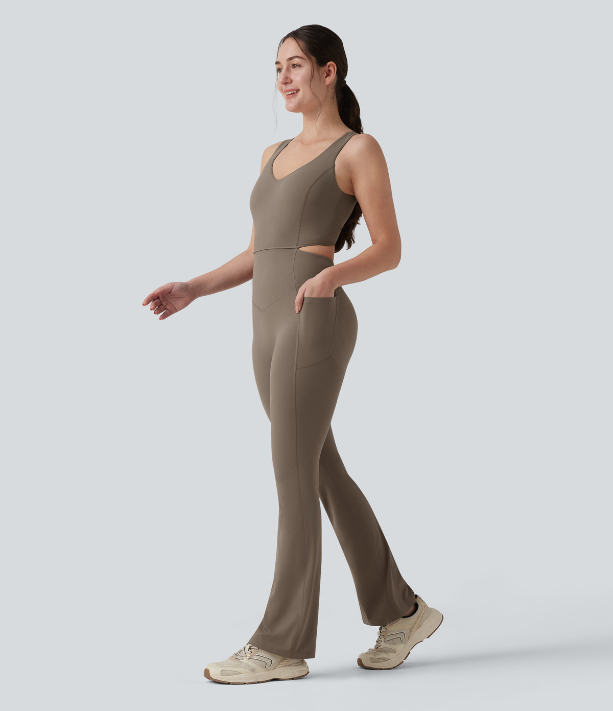Crisscross Backless Tummy Control Butt Lifting Scrunch Non-Removable Pad Workout Flare Jumpsuit with Pockets — Dawn Brown — view 3