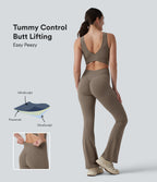 Crisscross Backless Tummy Control Butt Lifting Scrunch Non-Removable Pad Workout Flare Jumpsuit with Pockets — Dawn Brown — view 1