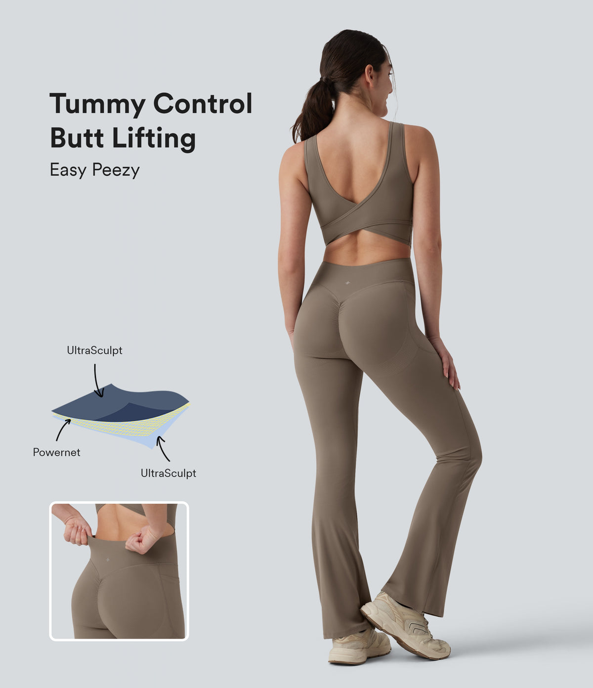 Crisscross Backless Tummy Control Butt Lifting Scrunch Non-Removable Pad Workout Flare Jumpsuit with Pockets — Dawn Brown — view 1