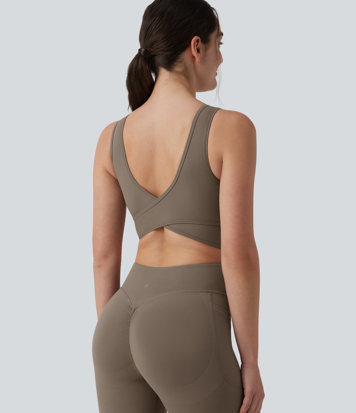 Crisscross Backless Tummy Control Butt Lifting Scrunch Non-Removable Pad Workout Flare Jumpsuit with Pockets — Dawn Brown — view 6