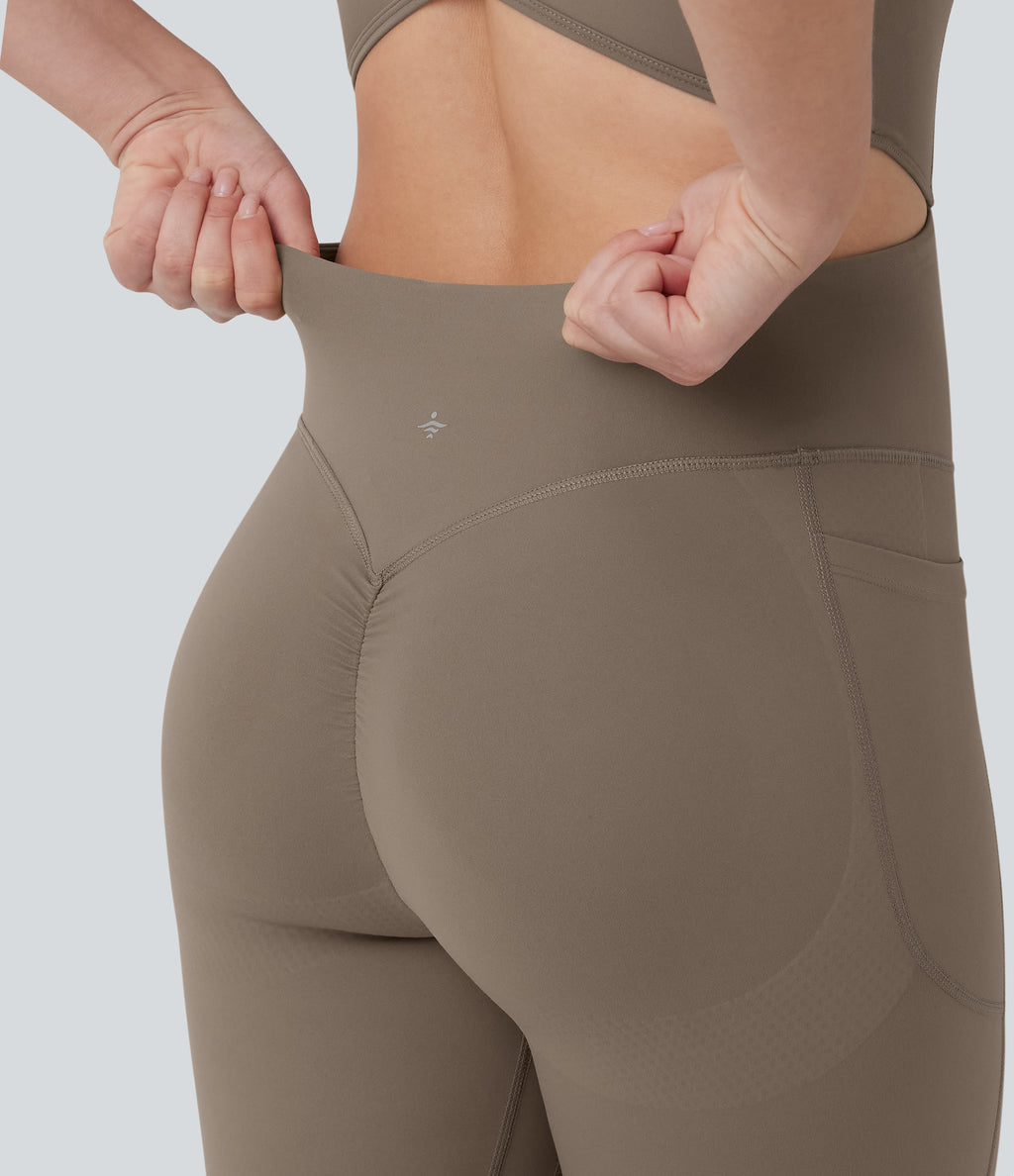 Crisscross Backless Tummy Control Butt Lifting Scrunch Non-Removable Pad Workout Flare Jumpsuit with Pockets — Dawn Brown — view 5