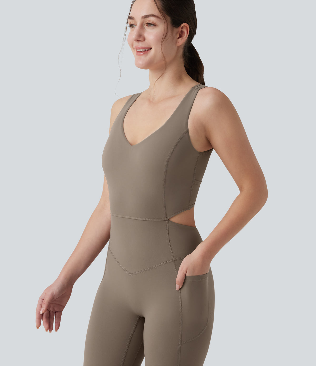 Crisscross Backless Tummy Control Butt Lifting Scrunch Non-Removable Pad Workout Flare Jumpsuit with Pockets — Dawn Brown — view 7