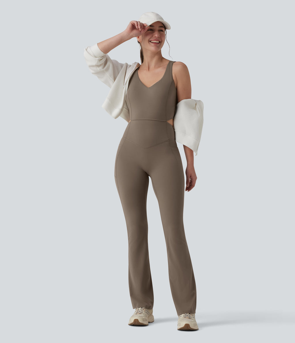 Crisscross Backless Tummy Control Butt Lifting Scrunch Non-Removable Pad Workout Flare Jumpsuit with Pockets — Dawn Brown — view 8