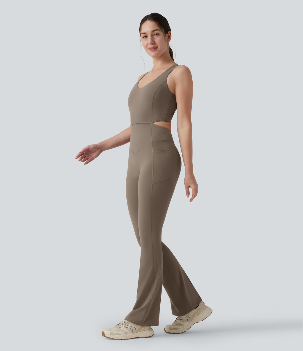 Crisscross Backless Tummy Control Butt Lifting Scrunch Non-Removable Pad Workout Flare Jumpsuit with Pockets — Dawn Brown — view 4