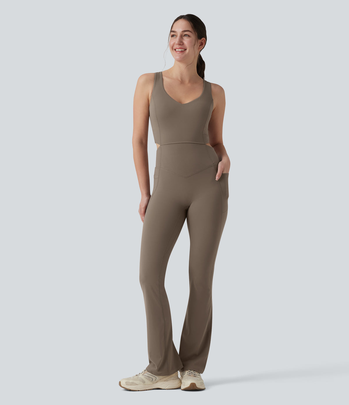 Crisscross Backless Tummy Control Butt Lifting Scrunch Non-Removable Pad Workout Flare Jumpsuit with Pockets — Dawn Brown — view 2