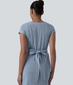 V Neck Short Sleeve Tie Back Denim Midi Casual Dress with Pockets — Baltic Sea Blue Denim — view 6