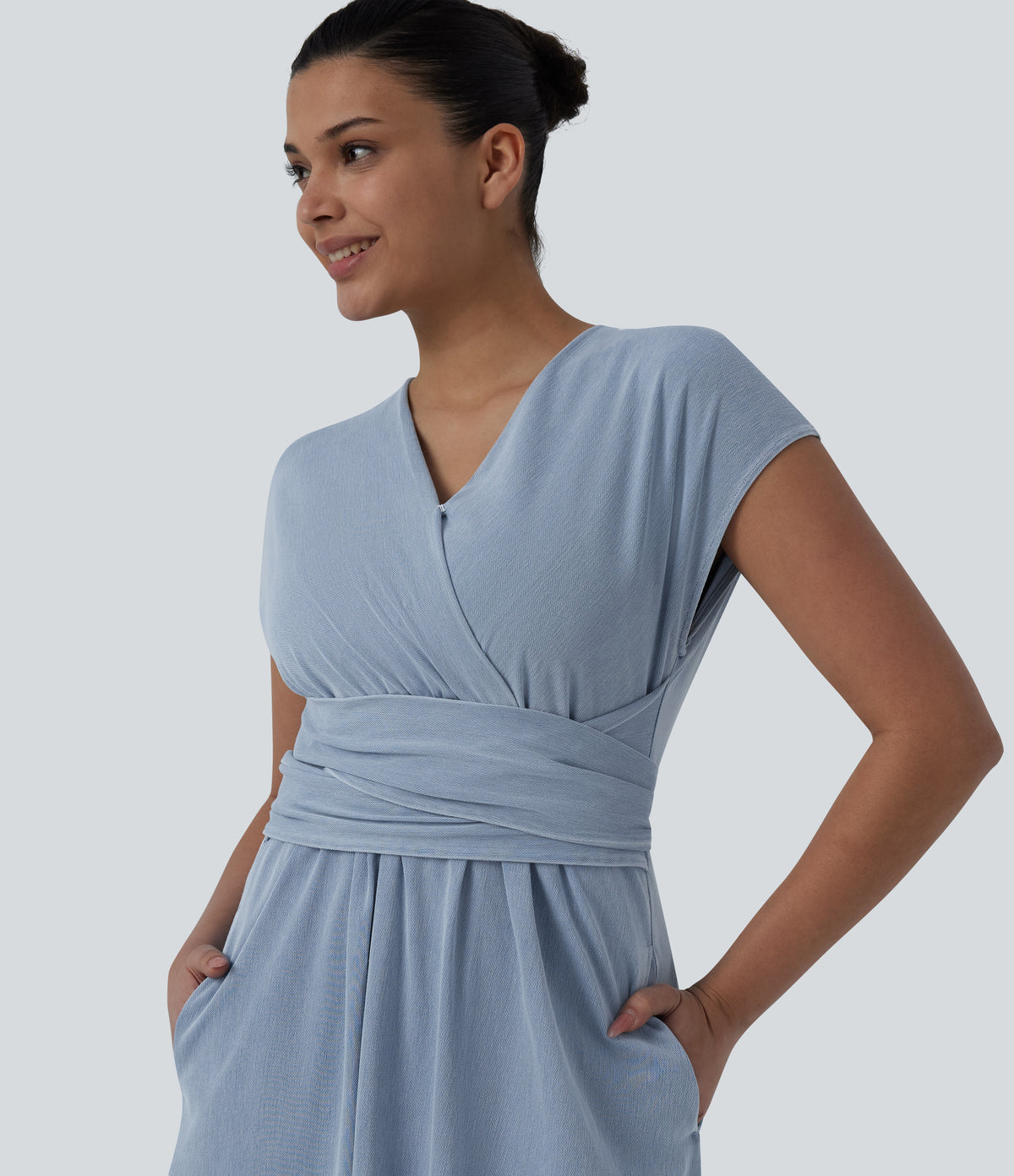 V Neck Short Sleeve Tie Back Denim Midi Casual Dress with Pockets — Baltic Sea Blue Denim — view 5