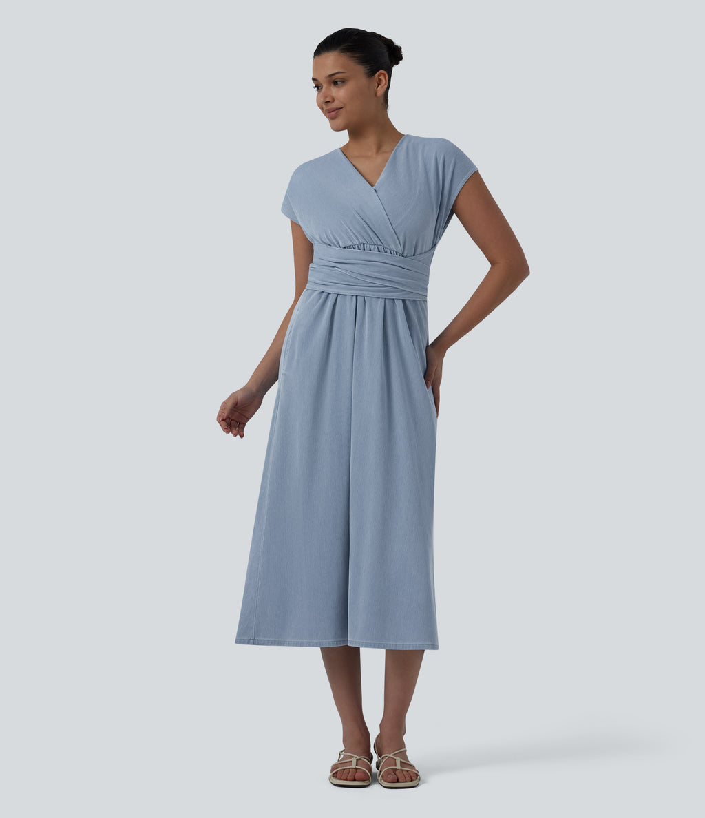 V Neck Short Sleeve Tie Back Denim Midi Casual Dress with Pockets — Baltic Sea Blue Denim — view 4