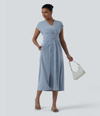 V Neck Short Sleeve Tie Back Denim Midi Casual Dress with Pockets — Baltic Sea Blue Denim — view 1